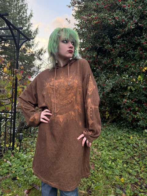 Brown Henna Hooded Sun Moon Runic Tunic 3XL