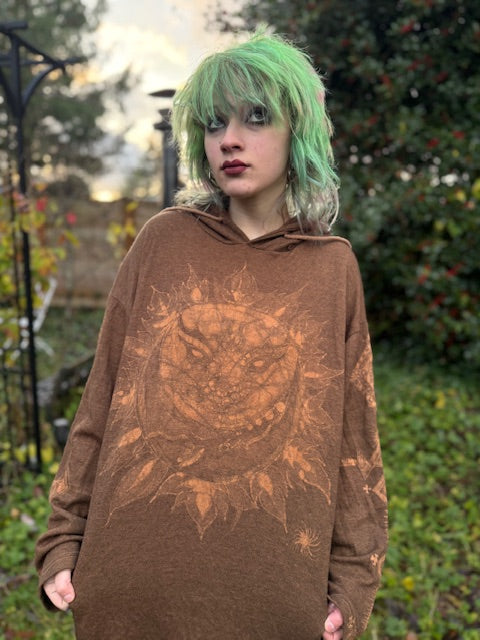Brown Henna Hooded Sun Moon Runic Tunic 3XL