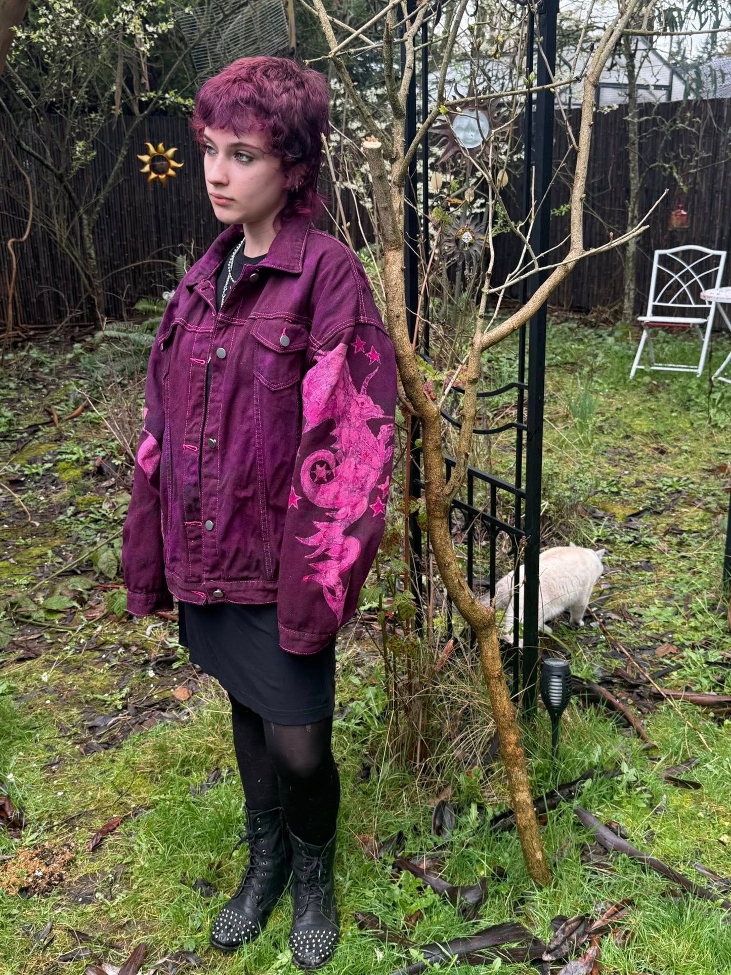 Fuchsia Fire Walk With Me Dragons Denim Jacket 2XL