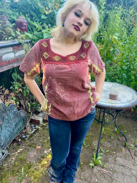 FRIDA KAHLO inspired MACRAME trim UPCYCLED Blouse