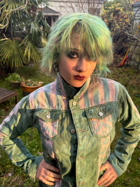 1980's inspired PASTEL Teal Jean Jacket Size L (8-12)