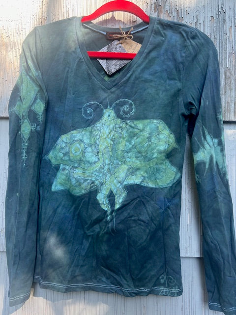 Moth & Henna in Teal, Long Sleeved V-Neck