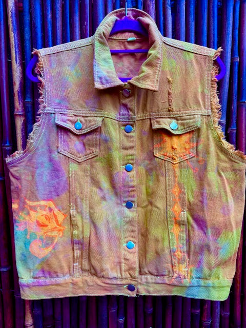 Golden Grunge Pomegranate Mandala Denim Vest - XL