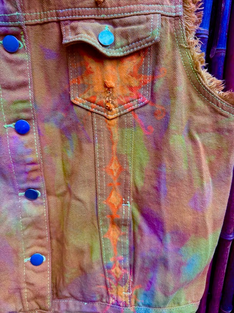 Golden Grunge Pomegranate Mandala Denim Vest - XL