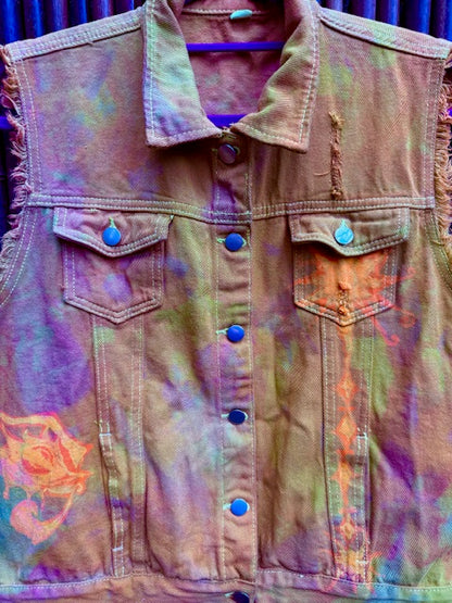Golden Grunge Pomegranate Mandala Denim Vest - XL