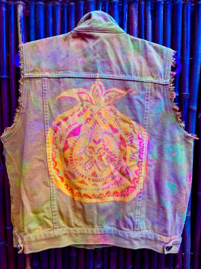 Golden Grunge Pomegranate Mandala Denim Vest - XL